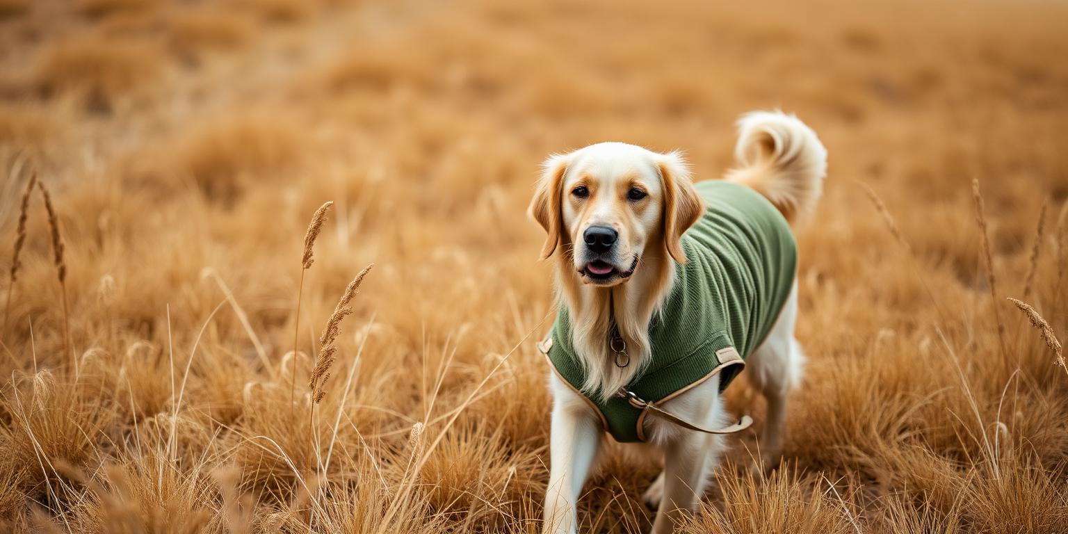 Golden retriever in an olive corduroy jacket