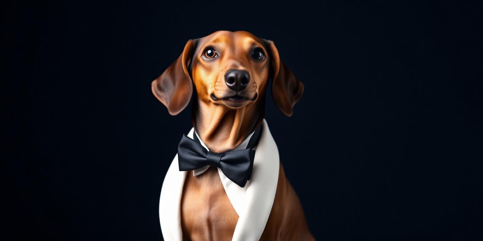 Dachshund in a black bow tie tuxedo