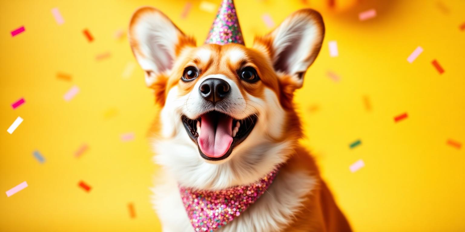 Corgi celebrating in a sparkly party bandana