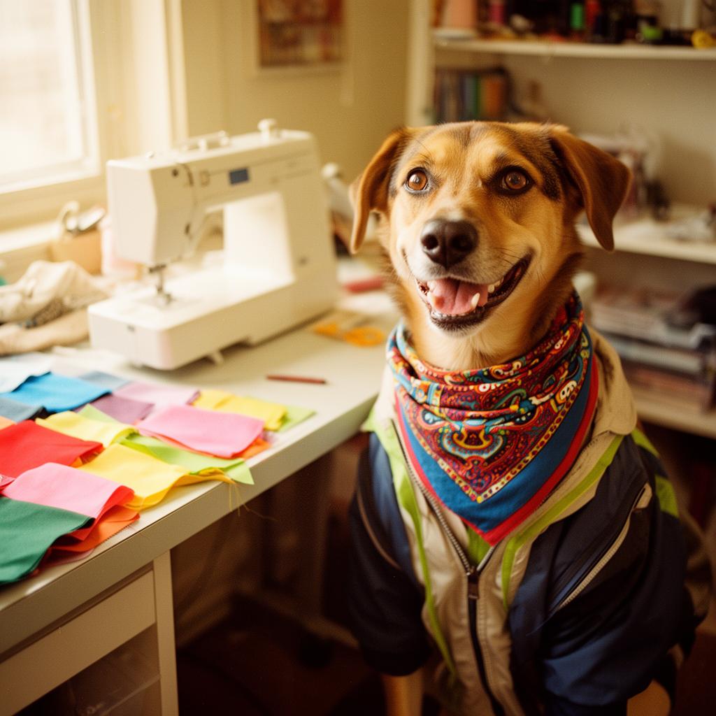 Zen the rescue dog wearing a colorful Puptrendz outfit in a cozy workshop