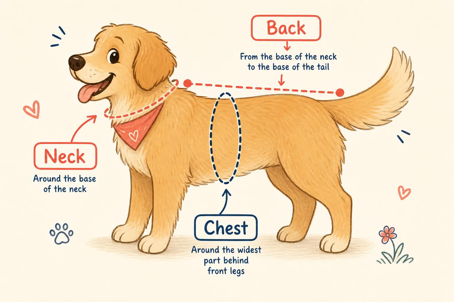 Illustrated diagram showing where to measure a dog's neck, chest, and back length